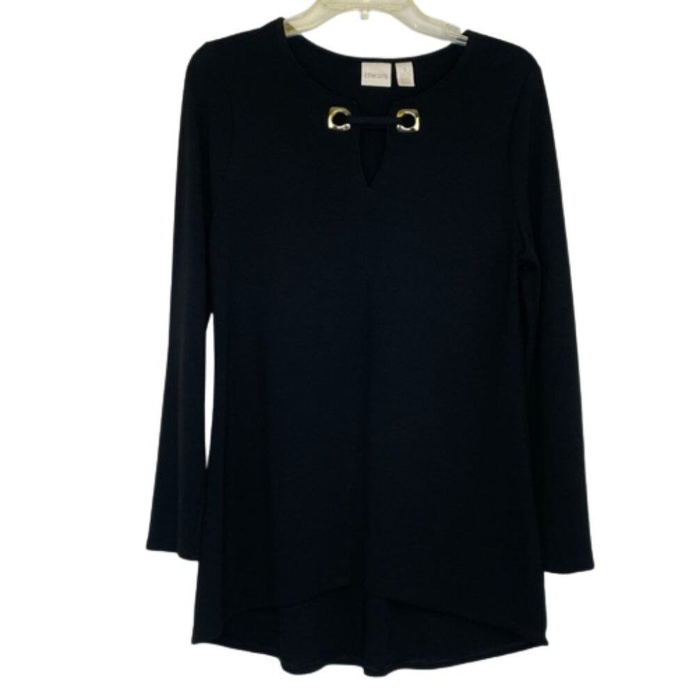 Chico's black V-neck long sleeve blouse gold metal detail on neck line size 1